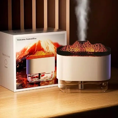 Estilo y bienestar en uno: humidificador con luces y efecto volcán